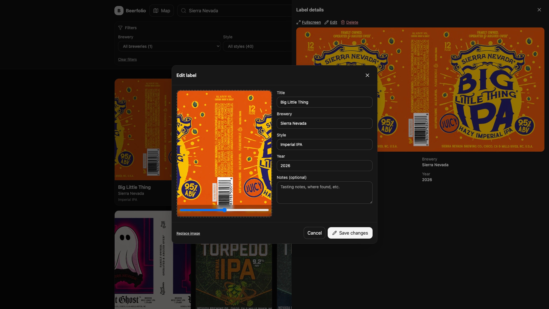 Editing a label: the crop slider, metadata fields, and Save changes button over the label details drawer